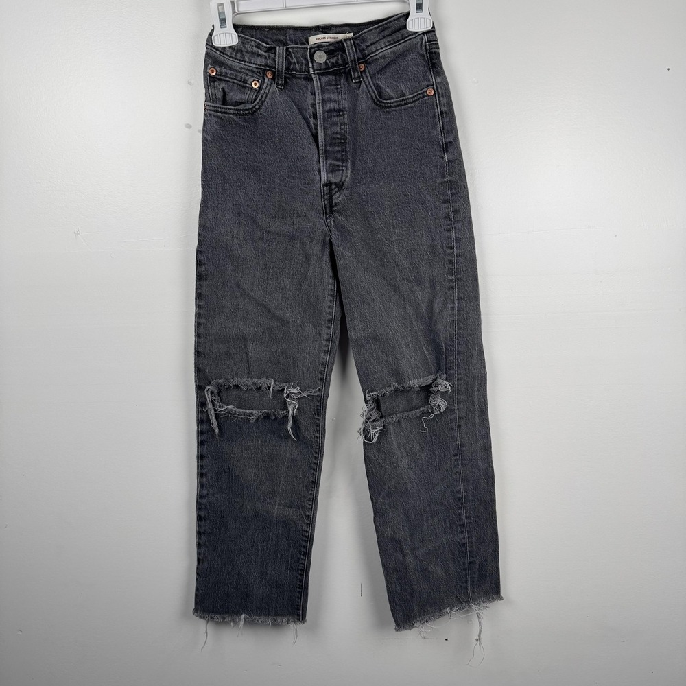 Levis Ribcage Straight Jeans Womens 24 (22x25) Black Distressed Ripped Knees